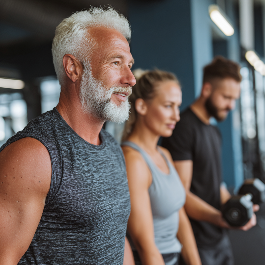 professional fitness coaches working with mature adult clients in modern training environment